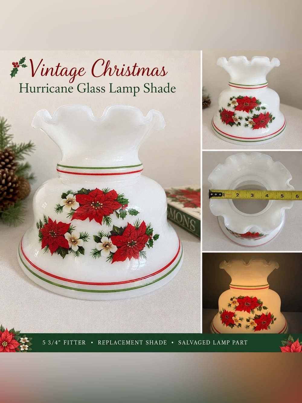 Vintage Christmas Hurricane Glass Lamp Shade 5.75”